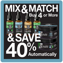 Load image into Gallery viewer, Promotional graphic for CBD products with text 'Mix & Match, Buy 4 or More & Save 40% Automatically' on a black background.