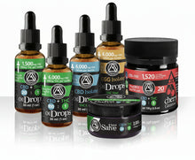 Load image into Gallery viewer, Collection of CBD and THC products including bottles and a jar on a white background
