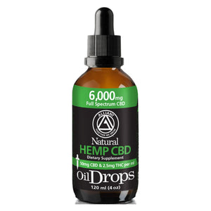 6,000 mg Full Spectrum Oil Drops 120 ml. Image of Bottle. 50 mg CBD and 2.5 mg THC per ml.