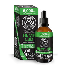Load image into Gallery viewer, 6,000 mg Full Spectrum Oil Drops 120 ml. Image of box and bottle. 50 mg CBD and 2.5 mg THC per ml.
