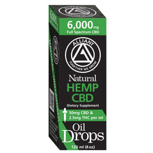 Load image into Gallery viewer, 6,000 mg Full Spectrum Oil Drops 120 ml. Image of Box. 50 mg CBD and 2.5 mg THC per ml.
