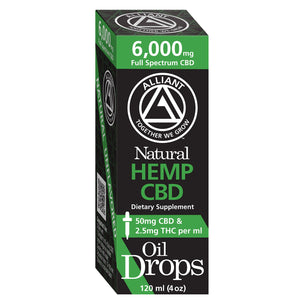 6,000 mg Full Spectrum Oil Drops 120 ml. Image of Box. 50 mg CBD and 2.5 mg THC per ml.