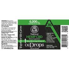 Load image into Gallery viewer, 6,000 mg Full Spectrum Oil Drops 120 ml. Image of label. 50 mg CBD and 2.5 mg THC per ml.
